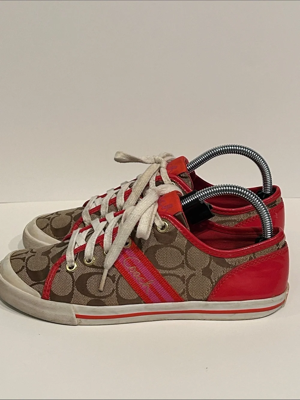 Coach Brown Signature Sneakers with Red Patent Leather Accents Pink Red Ribbon